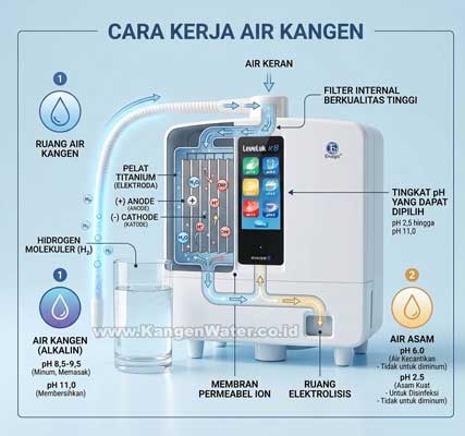 Ilustrasi cara kerja mesin Kangen Water dengan proses elektrolisis menghasilkan berbagai jenis air